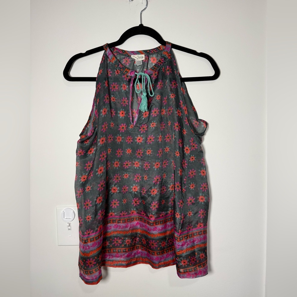 Boho Floral Tie-Neck Halter Camisole - Gray with Pink & Teal